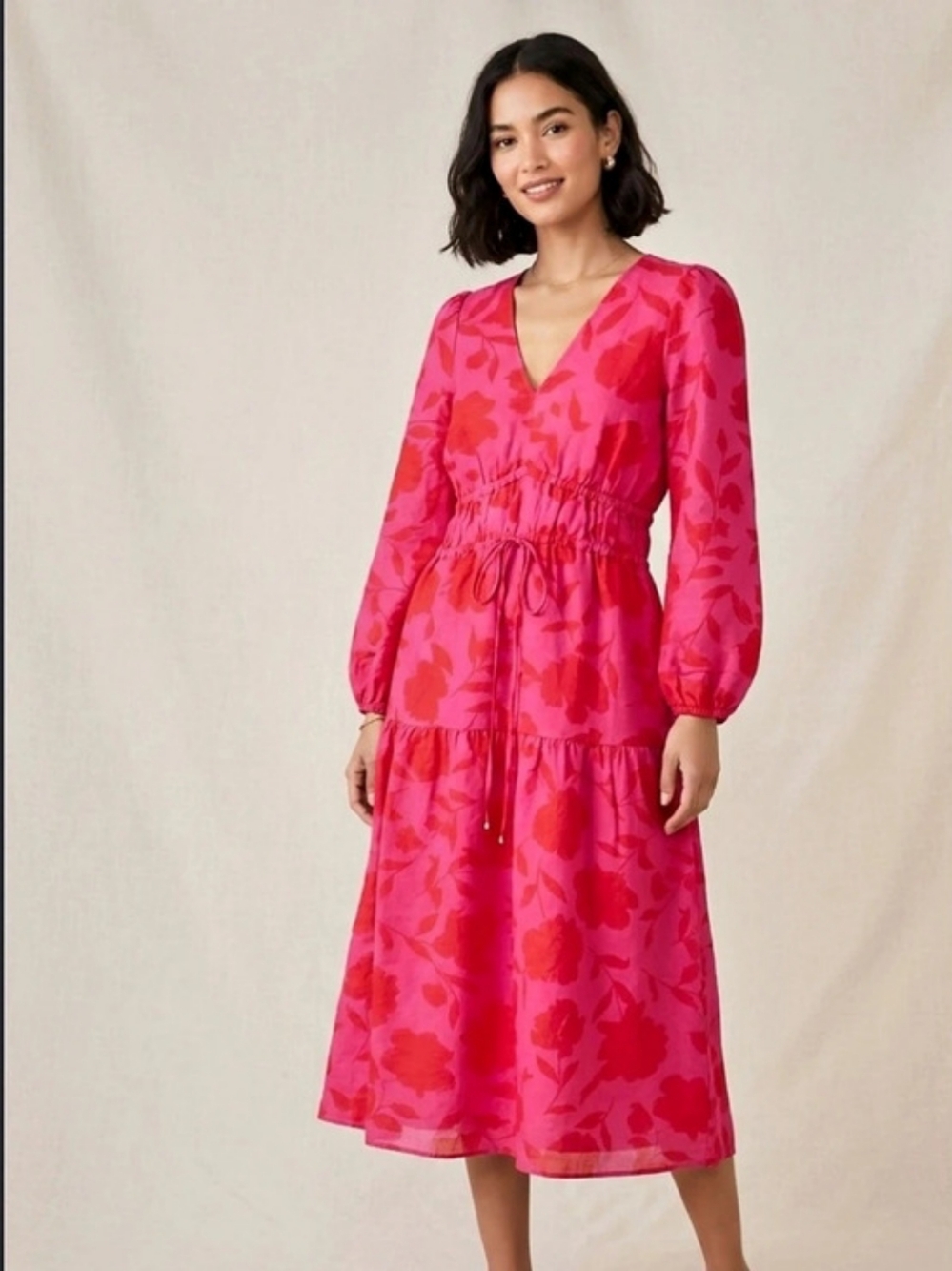 Kate Spade Classic Rose Linen Long Sleeve Maxi Dress